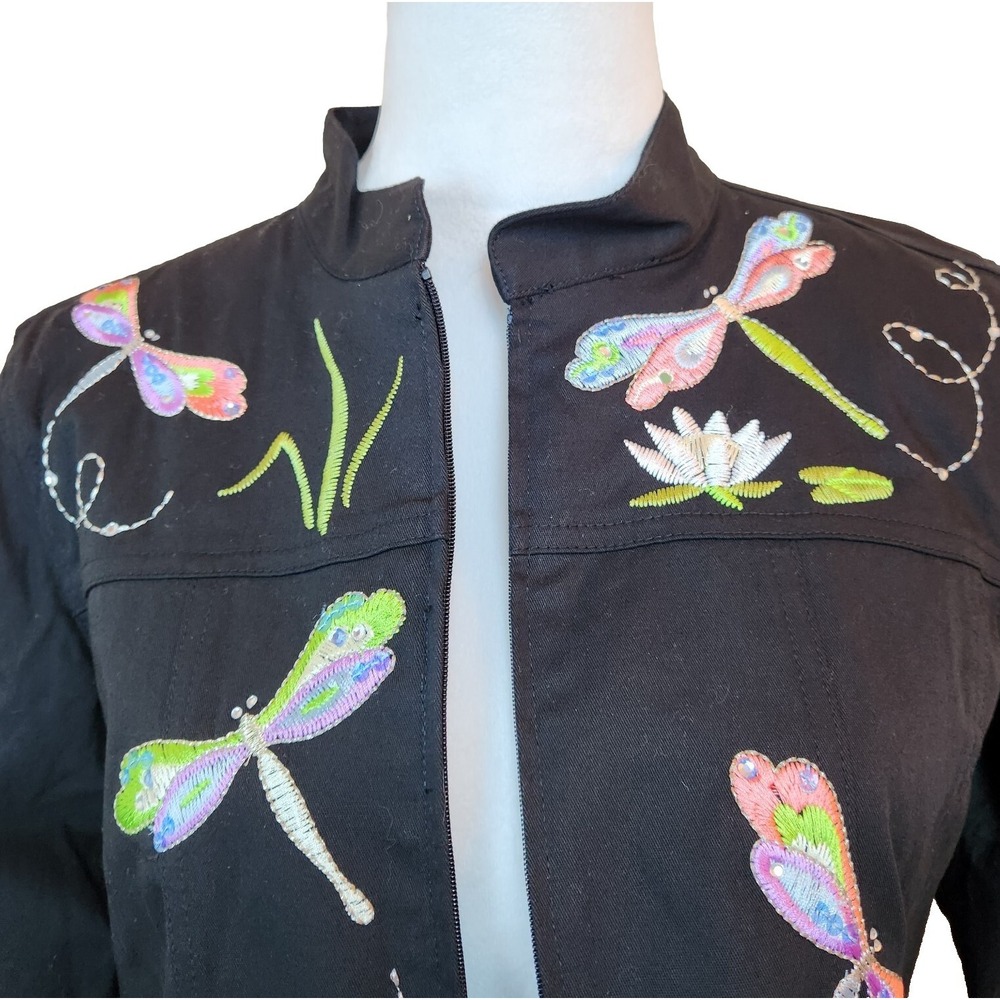 Quacker Factory Womens Artsy Embroidered Jacket Small Black Dragonfly Full Zip